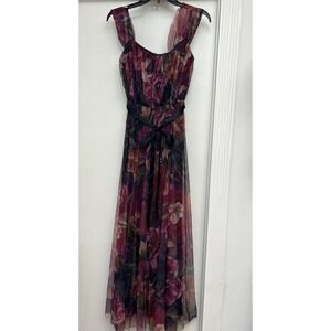Candalite Woman's Glitter Tulle Floral Maxi, Straps, Shoulder Draping, Size Med.